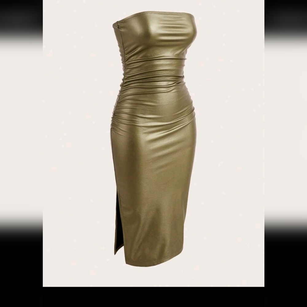 Greenish Gold runched strapless dress